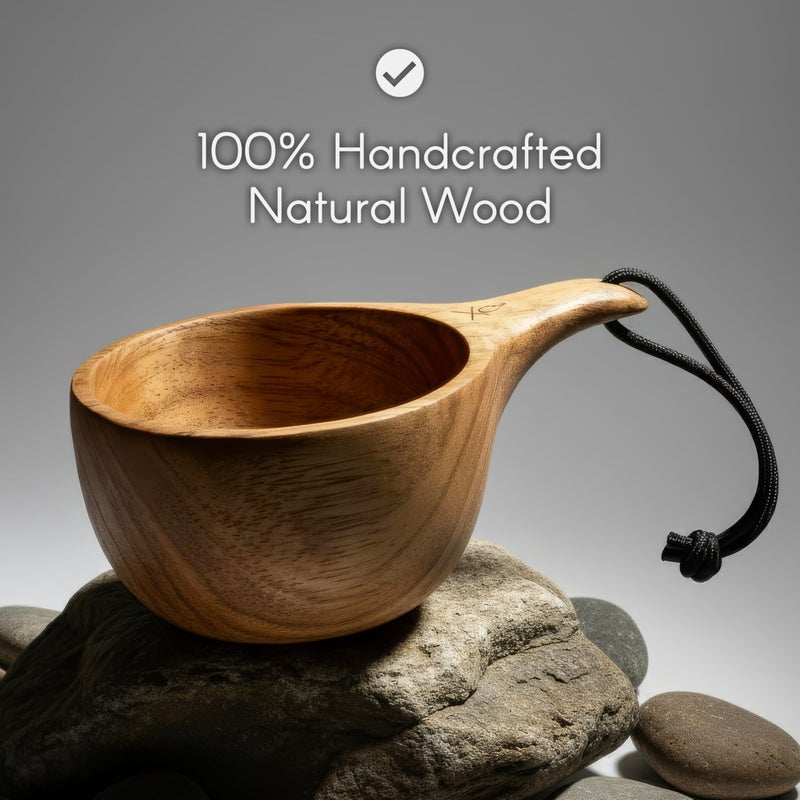 Ã¼berleben | Dursten Lore Kuksa Wooden Cup â€“ Handcarved 12oz Coffee Mug, Bowl with Lanyard & Carabiner â€“ Lightweight Camping Essentials & Traditional Nordic Bushcraft Gear - Image 2